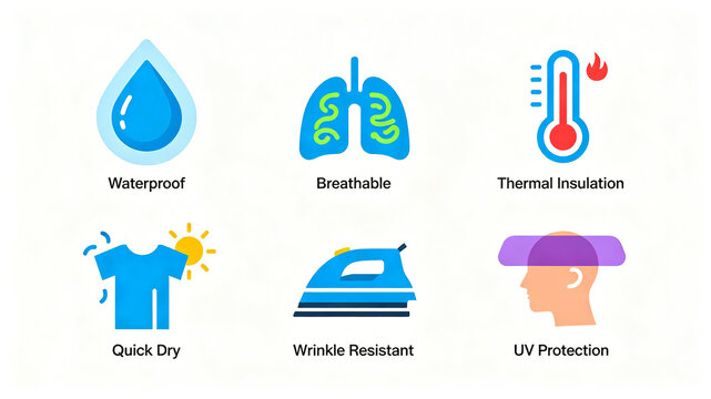 Flat clothing function identification icon, waterproof, quick drying, wrinkle resistant, and heat-insulating protection, suitable for outdoor clothing posters and product parameter modules.
