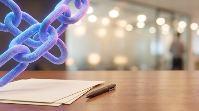 Macro shot of glowing 3D digital chain links hovering over blank generic contract papers and a pen on a wooden desk with blurred corporate office background and copy space for blockchain technology an