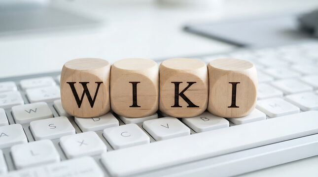 Wooden cubes spelling wiki on a white computer keyboard