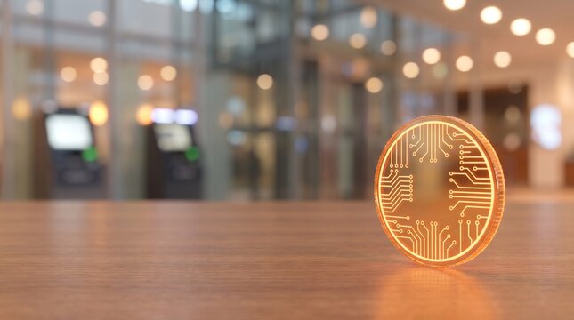 Close up of a glowing 3D generic digital coin with circuit patterns on a wooden desk with blurred modern bank interior background and copy space for fintech and digital economy concept