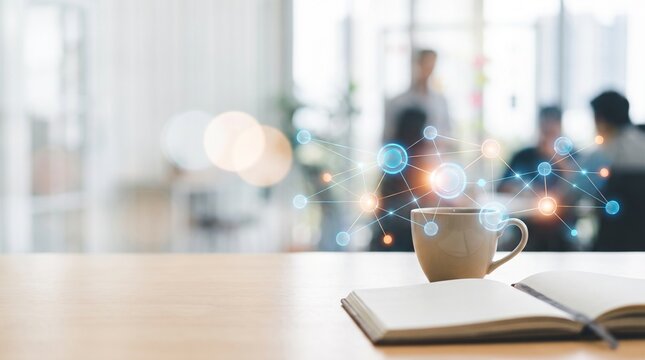 Close up of glowing network nodes over a generic coffee cup and blank notebook on a desk with blurred modern office background and copy space for Internet of Things and smart workplace concept