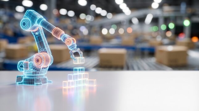 Close up of a glowing 3D wireframe robotic arm arranging digital blocks on a desk with blurred logistics center background and copy space for business automation and RPA concept