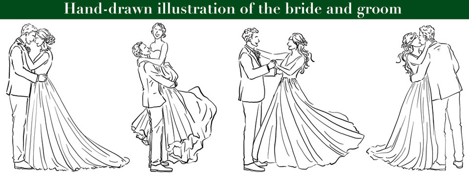 Elegant hand drawn monochrome wedding couple line art illustration, stylish bride in wedding dress and groom in tuxedo, transparent PNG outline drawing, romantic bridal fashion sketch for card design 
