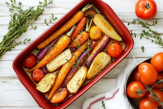 Roasted root vegetables with tomatoes and fresh thyme in a red baking dish on a white wooden table
