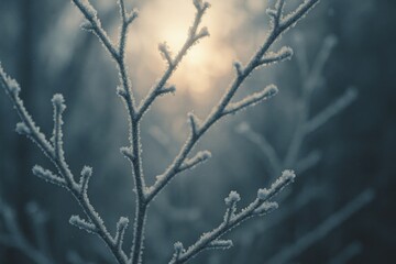 Naklejka premium Frosty branches against sunlight background