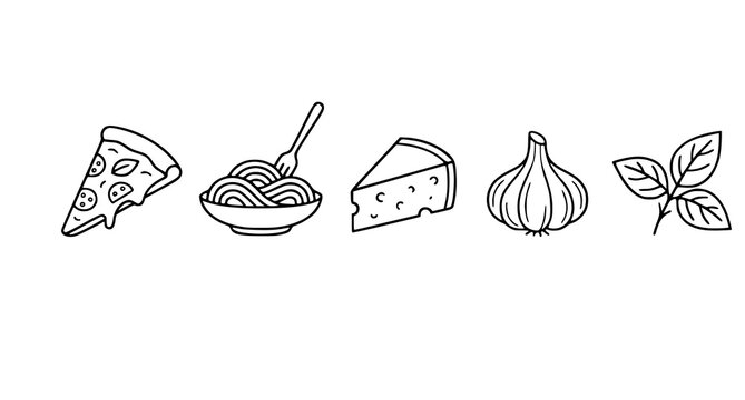 Italian Food Line Icons Set &ndash; Pizza Pasta Cheese Garlic and Basil Vector