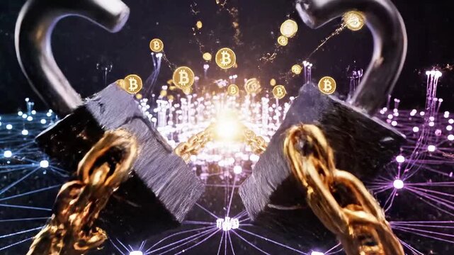 Glowing golden chains and blocks representing blockchain technology.