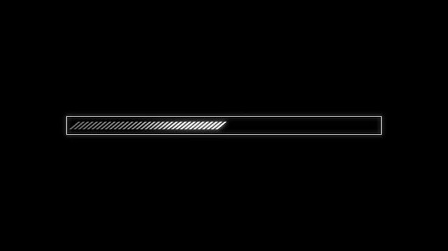 Digital loading bar animation with progress status indicator for computer interface software system display showing process completion isolated on black background video footage.