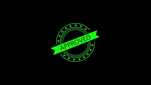 Green approved stamp rotating animation on black background as digital seal overlay for business verification documents and quality control processes to show positive validation.