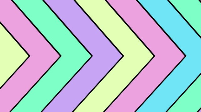 Abstract background featuring geometric chevron patterns with pastel colors moving horizontally across frame as dynamic seamless loop motion graphic for modern digital design project.
