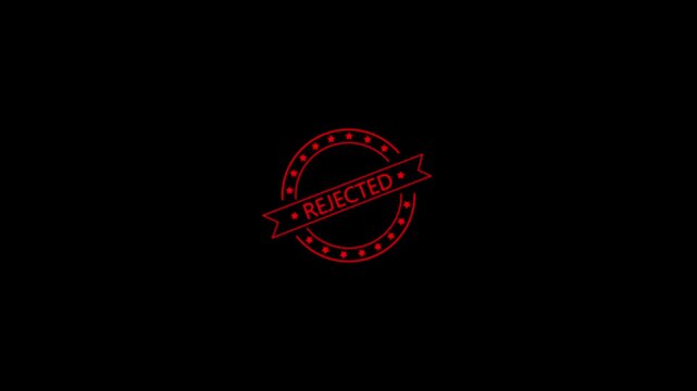 Red rejected stamp animation with dynamic motion effects on black background for professional business editorial digital content marketing assets or corporate video overlays.