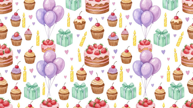 Hand-drawn birthday party pattern with cakes and balloons