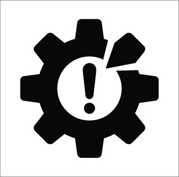 Broken gear with exclamation mark, mechanical failure warning symbol, damaged settings icon, industrial troubleshooting concept, black silhouette vector illustration