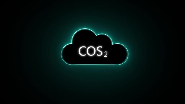Neon glowing cloud icon with chemical formula CO2 representing carbon dioxide emissions environmental impact global warming climate change concept digital graphic motion loop.