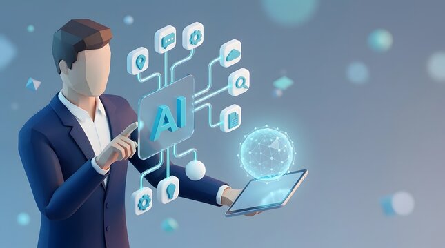 Businessman interacting with AI technology interface on tablet