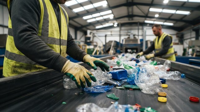 Workers sorting plastic bottles on a conveyor belt at a recycling plant, managing waste and promoting environmental sustainability