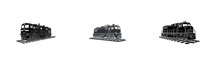 Set of three black locomotive train and railroad vector illustrations isolated on white background for transport and travel design projects © laskhar