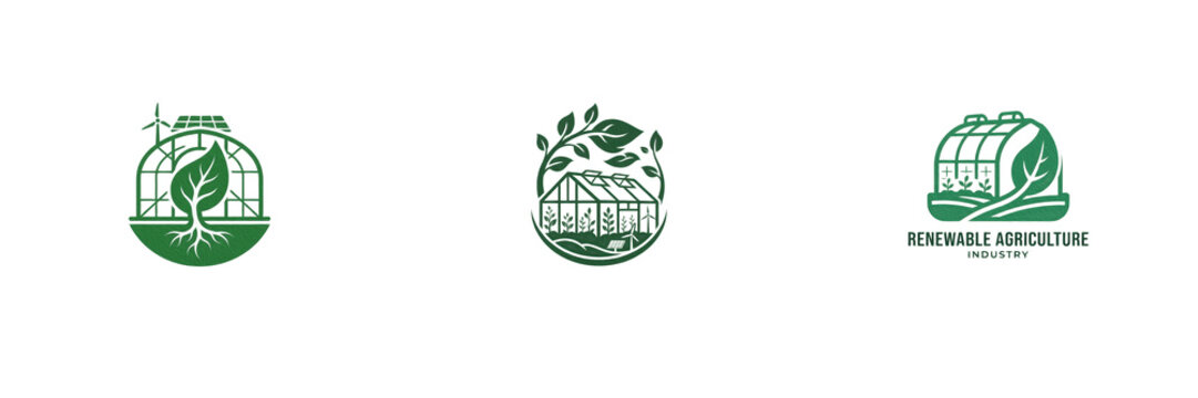 Set of three green renewable agriculture and eco friendly greenhouse vector logo illustrations isolated on white background for sustainable farming and environmental design projects