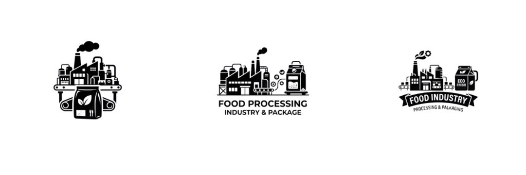 Set of three food processing and packaging industry vector logo illustrations with manufacturing plants and production lines isolated on white background for commercial food design