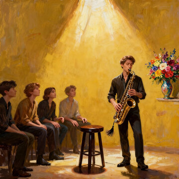 Young Man Playing Saxophone For Seated Audience