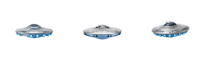 Futuristic Sci-Fi UFO Spaceship PNG Collection, Metallic Cyberpunk Flying Saucer with Glowing Blue Anti-Gravity Lights, Advanced Technology Extraterrestrial Vehicle Isolated Transparent Background Cut © laskhar