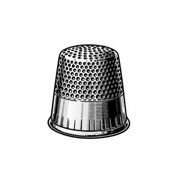 Black and white vector illustration of a vintage sewing thimble with dimple pattern, handicraft and tailors tool design element