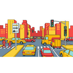 Naklejka premium City street intersection with traffic, cars, taxis, pedestrians, and buildings, flat design vector illustration