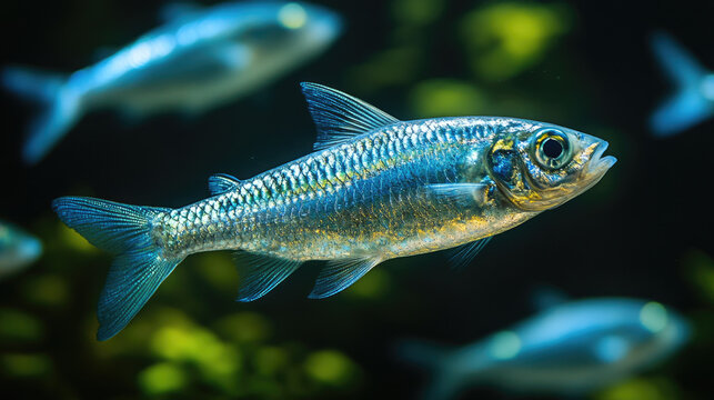 Close-up of a shimmering silver tetra fish swimming in dark water with blurred green aquatic plants in the background.