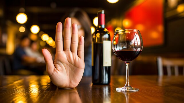 Hand refusing a glass of red wine at a restaurant table