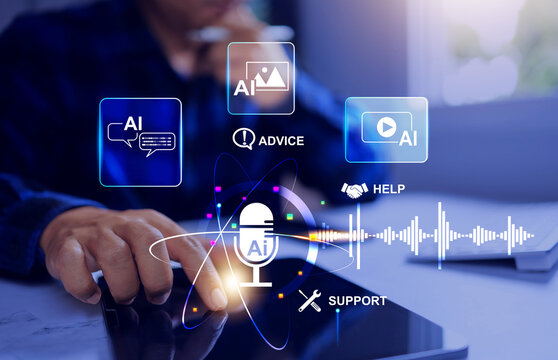 AI voice technology concept with speech recognition and futuristic digital communication voice chat interface with person working on tablet to speech by natural conversation