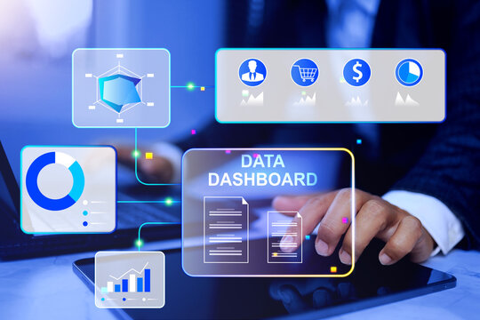 data dashboard concept by businessman working with digital information on virtual interface graph and chart for marketing analysis