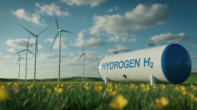 Hydrogen Storage Tank in Green Meadow with Wind Turbines Under Blue Sky Representing Clean Energy