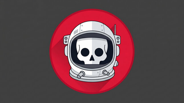 A spooky illustration featuring an astronaut helmet with a skull inside, set against a red circle on a dark background