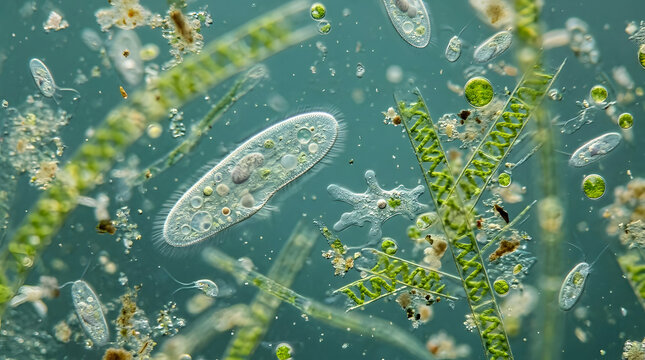 Microscopic view of paramecium and amoeba in pond water