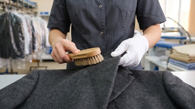 Dry cleaning worker in uniform shirt, using a wooden clothes brush on dark jacket lapel, removing lint from suit fabric, inside garment care shop, service industry photography