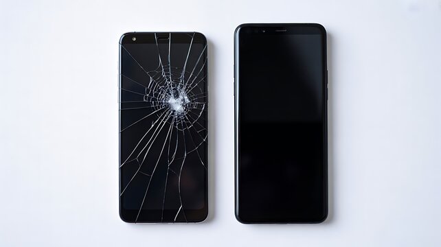 Cracked smartphone beside intact phone representing screen damage and device repair