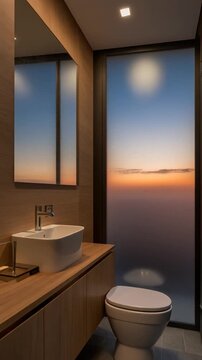 Modern Bathroom Interior with Sunset View through Frosted Glass Generative AI