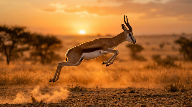 A majestic springbok leaps powerfully across the sun-kissed savanna, its impressive horns silhouetted against the vibrant golden sunset, a dynamic display of wild African grace