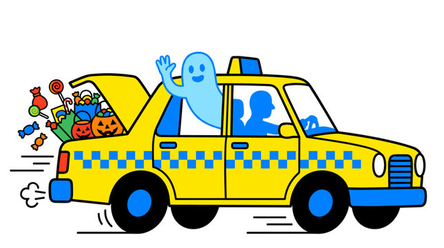 Yellow taxi cab with open trunk full of Halloween candy, ghost waving from window, flat design vector