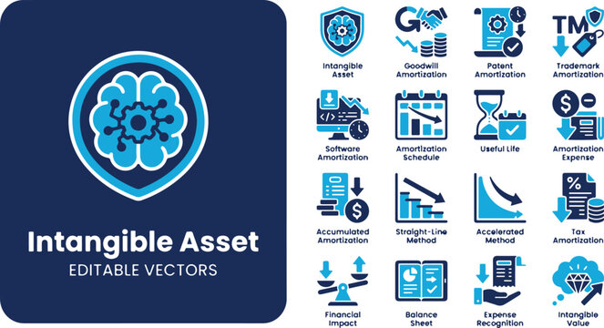Intangible Asset Icon Set Blue Vector Collection