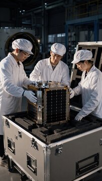Engineers handling small satellite in aerospace assembly facility