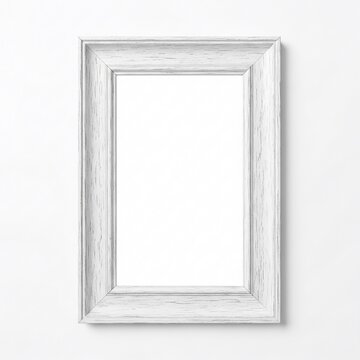 Rustic distressed white wooden picture frame with weathered texture, vintage empty photo frame for home interior decor mockup, blank border.
