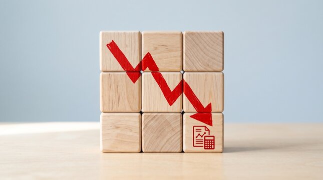 A red arrow indicating a significant downward trend across wooden blocks, symbolizing financial decline and negative business performance.