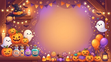 Fototapeta premium Festive halloween background with cute ghosts pumpkins and glowing fairy lights for holiday party invitation or greeting card