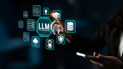 Business professional interacts with digital interface showcasing large language models and...