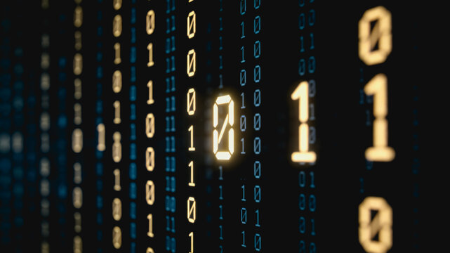Glowing binary digits 0 and 1 form a data stream, representing digital information and modern technology in a futuristic display.
