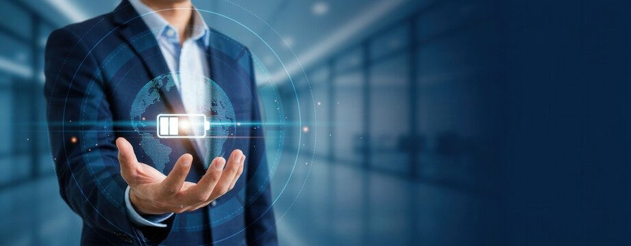 Businessman holding a digital globe with battery icon