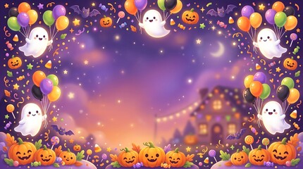 Naklejka premium Cute halloween background with friendly ghosts colorful balloons and smiling pumpkins on a purple sunset sky