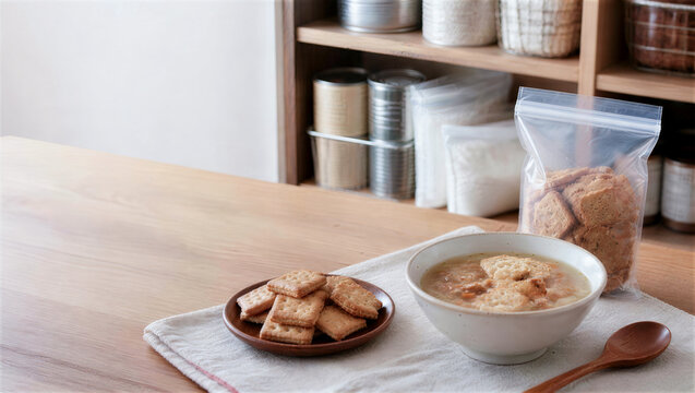 乾パンをスープで食べやすくする非常食の食事