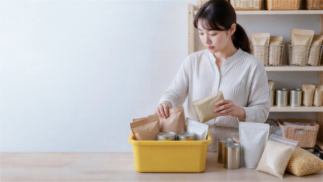 期限が近い食品を手前の箱へ移す備蓄管理